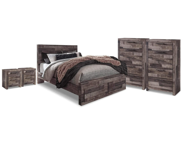 Cama Queen Derekson con espacio de almacenamiento, 2 cómodas y 2 mesitas de noche
