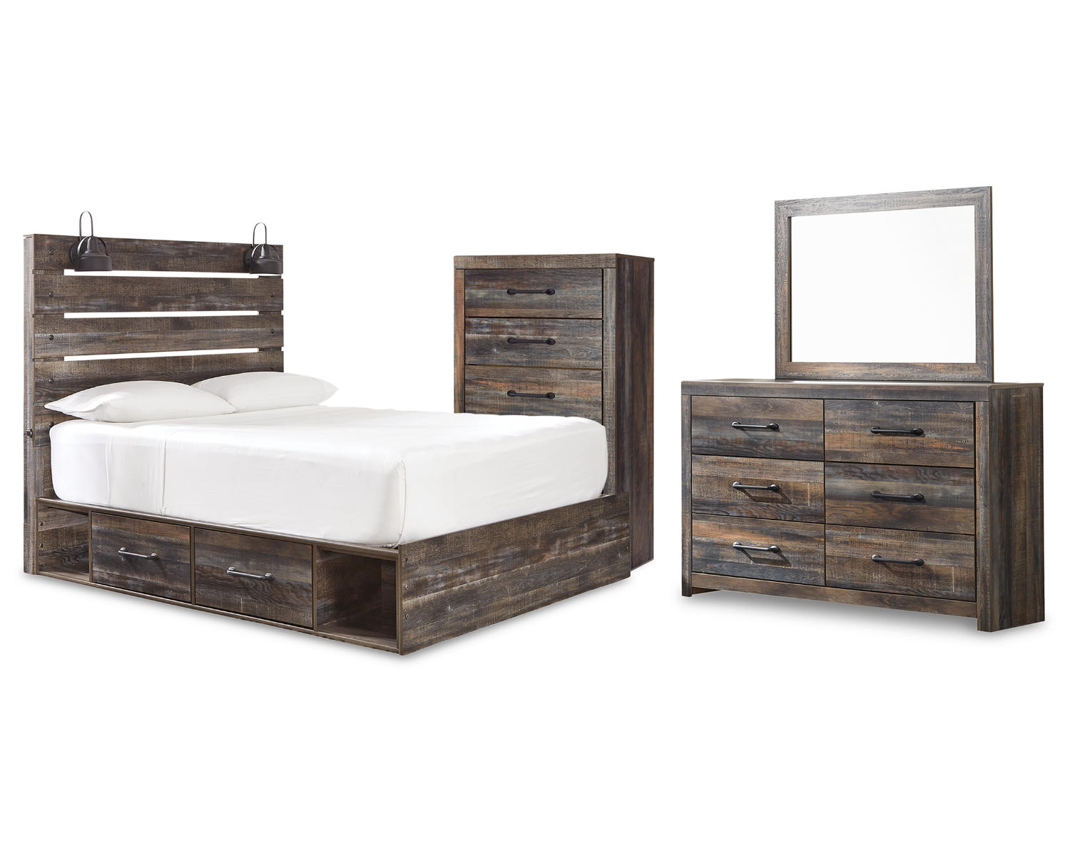 Drystan Queen Panel Bed with Storage, Dresser, Mirror and Chest