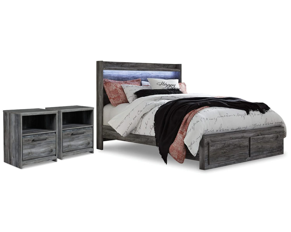 Cama Queen con almacenamiento y dos mesitas de noche Baystorm