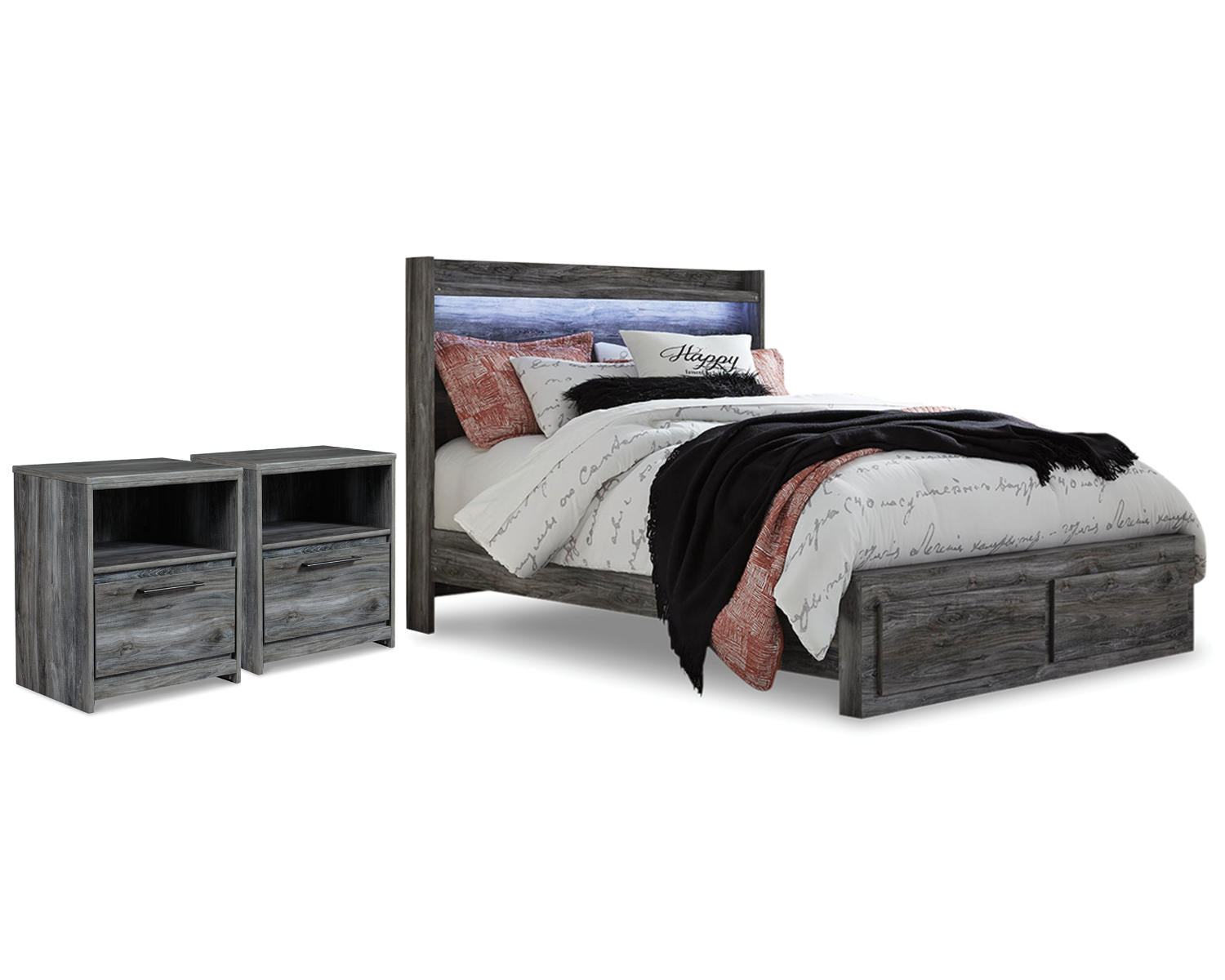 Baystorm Queen Panel Storage Bed and 2 Nightstands