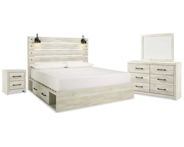 Cama King Cambeck con almacenamiento, tocador, espejo y mesita de noche