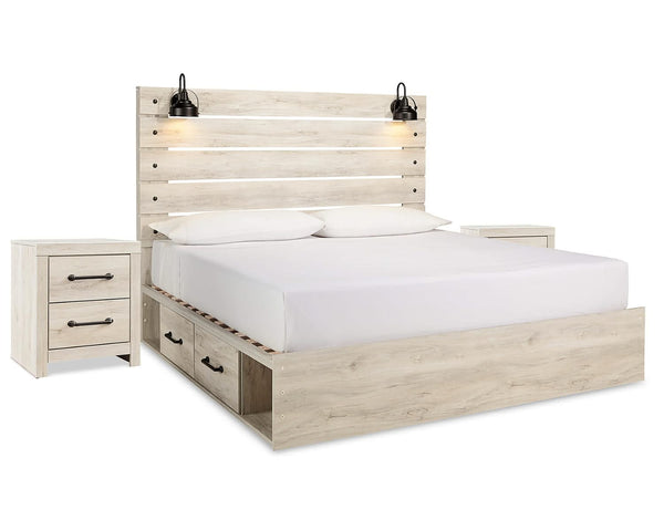 Cama King Cambeck con paneles, espacio de almacenamiento y dos mesitas de noche