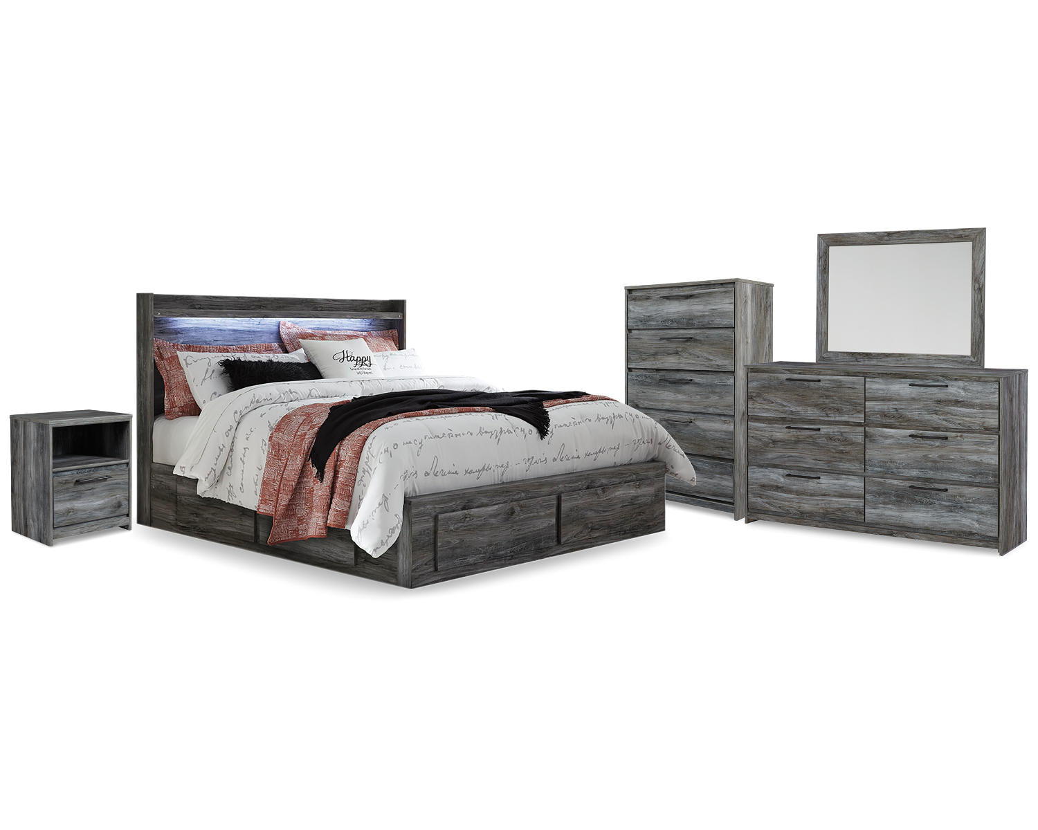 Baystorm King Storage Bed, Dresser, Mirror, Chest and Nightstand