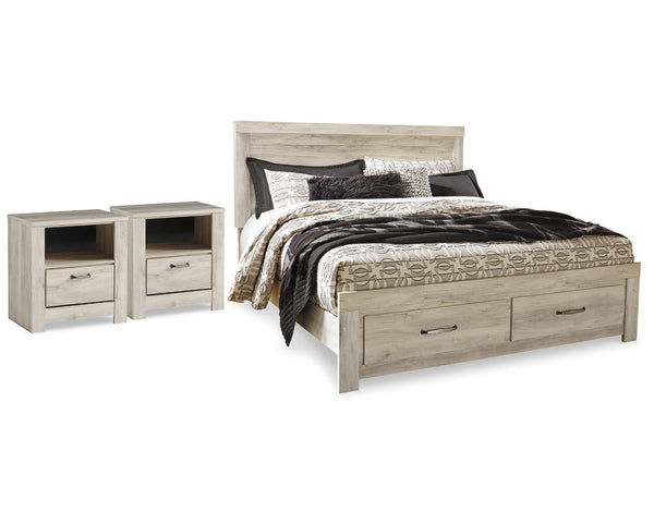 Cama Bellaby King con espacio de almacenamiento y dos mesitas de noche