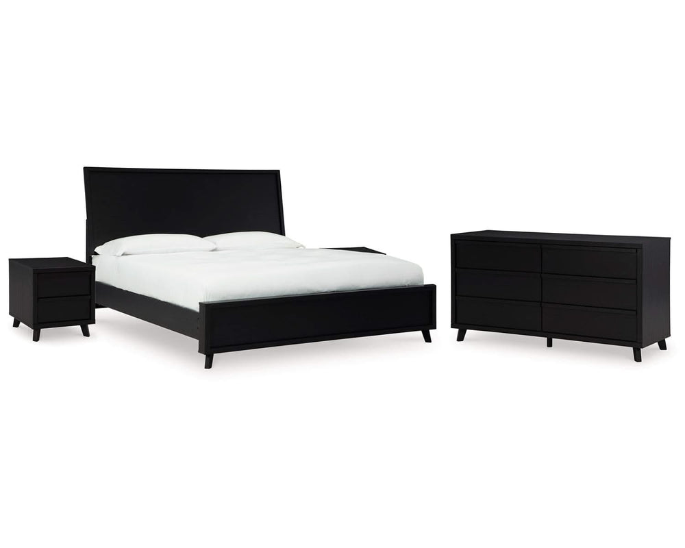 Cama King Danziar con paneles, cómoda y dos mesitas de noche