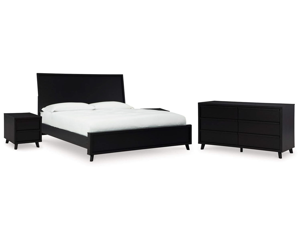 Cama King Danziar con paneles, cómoda y dos mesitas de noche