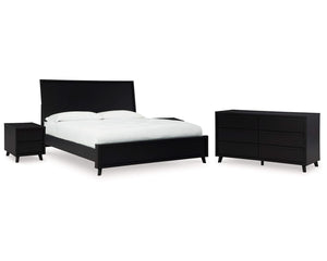 Cama King Danziar con paneles, cómoda y dos mesitas de noche