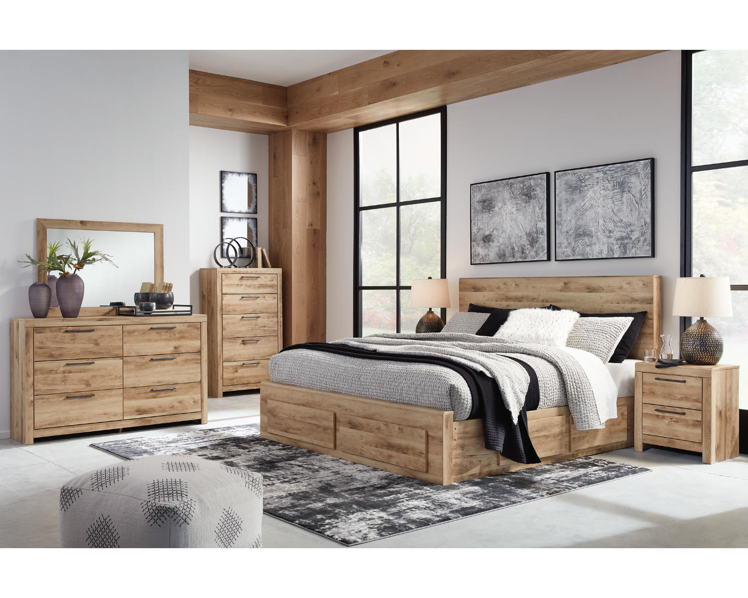 Hyanna King Panel Storage Bed with 2 Side Storage, Dresser and Mirror
