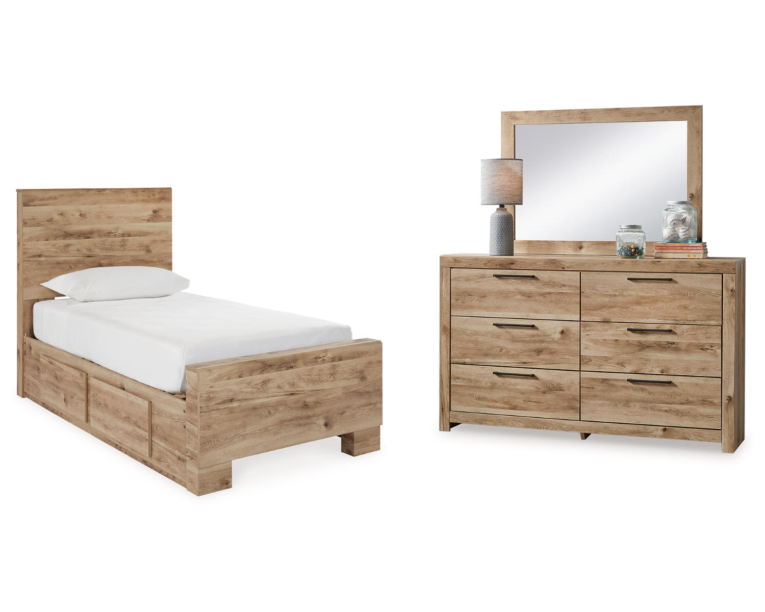 Hyanna Twin Panel Bed with 1 Side Storage, Dresser and Mirror