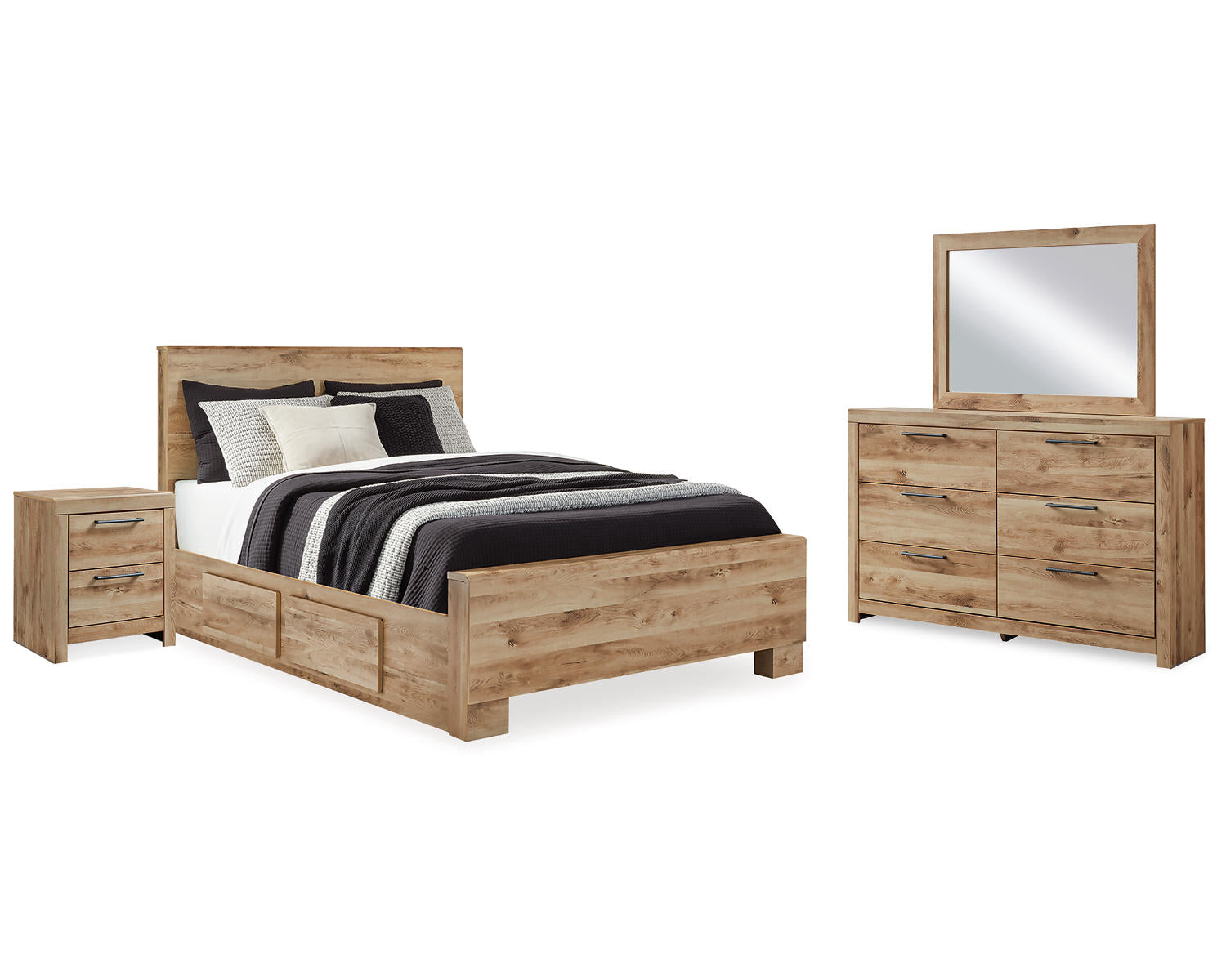 Hyanna Queen Panel Bed with Storage, Dresser, Mirror and Nightstand