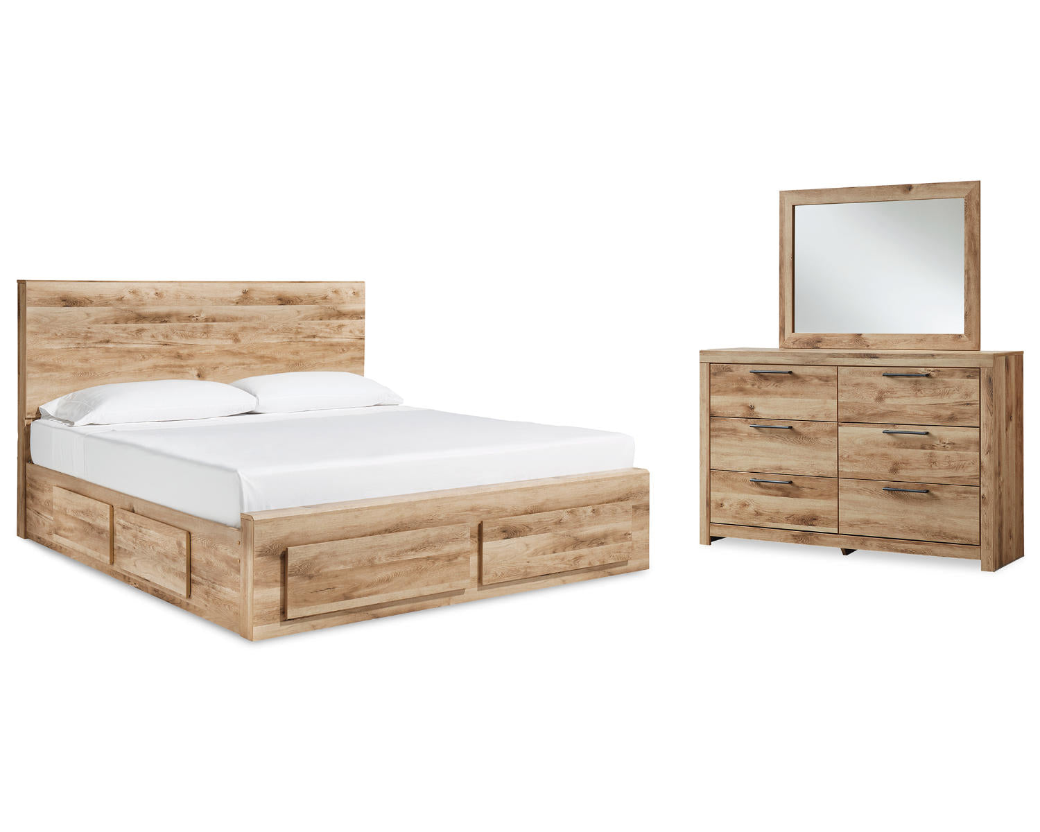 Hyanna King Panel Storage Bed with 1 Side Storage, Dresser and Mirror