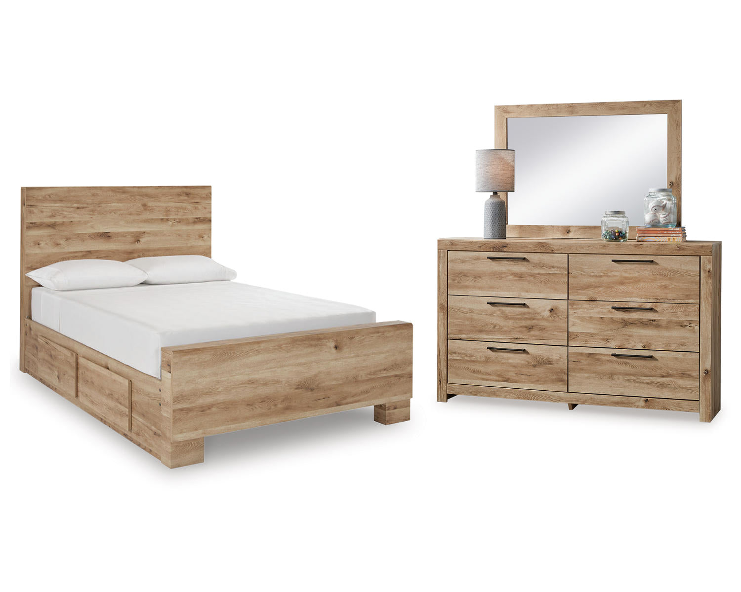 Hyanna Full Panel Bed with 1 Side Storage, Dresser and Mirror