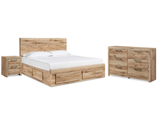 Cama Queen Hyanna con almacenaje, cómoda y mesita de noche