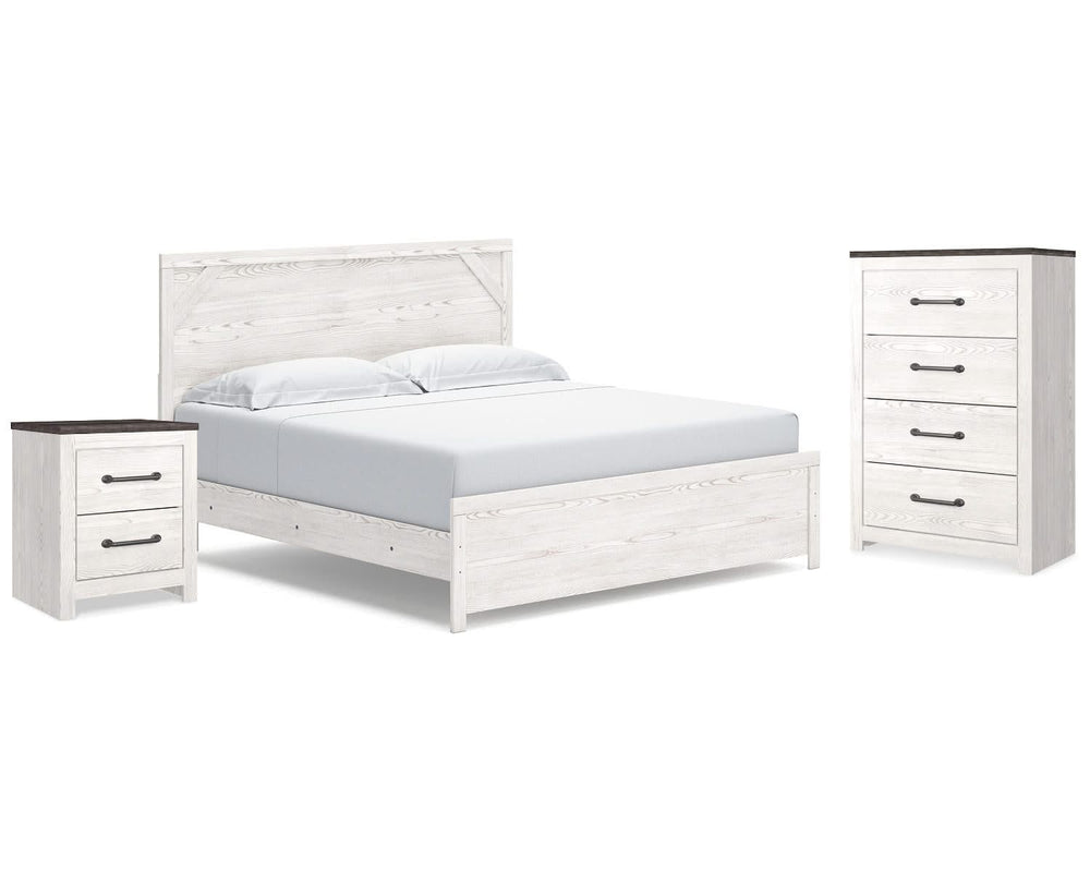 Cama King con paneles, cómoda y mesita de noche Gerridan