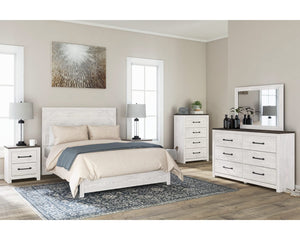 Cama Queen con paneles Gerridan, tocador, espejo y cómoda