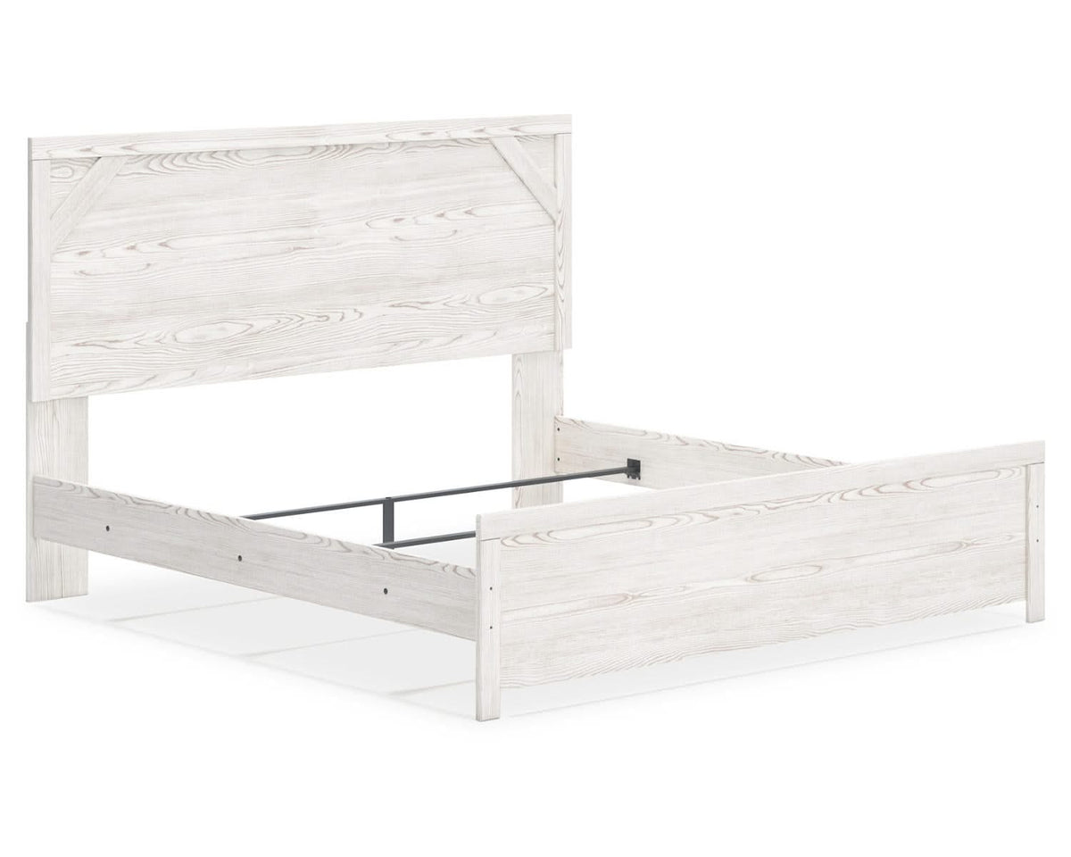 Cama King con paneles, cómoda y mesita de noche Gerridan