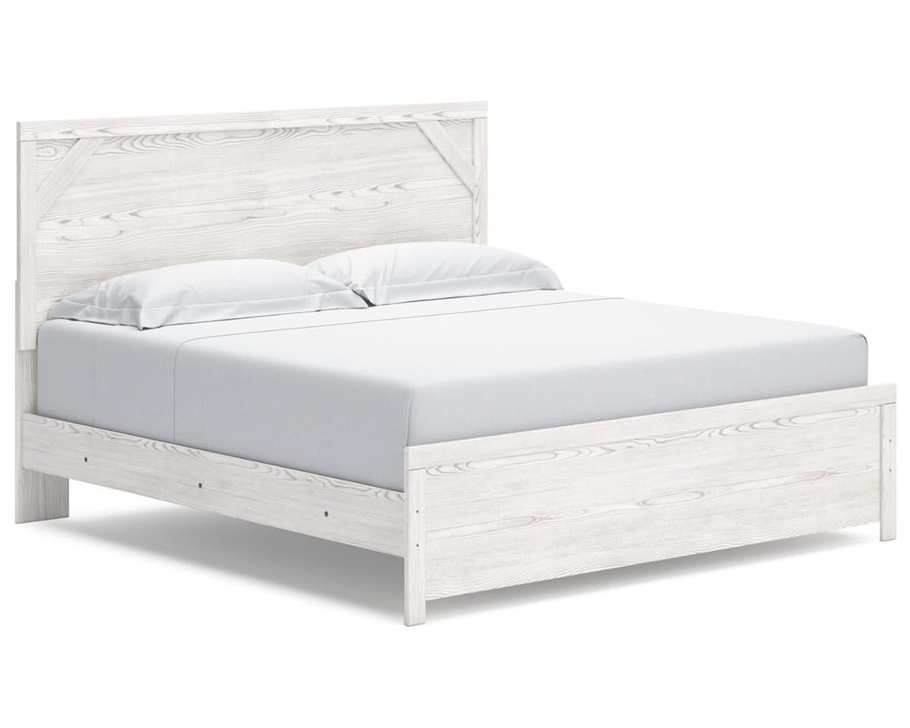 Cama King con paneles, cómoda y mesita de noche Gerridan