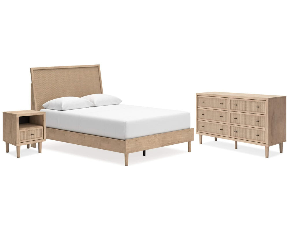 Cama Queen con paneles, cómoda y mesita de noche Cielden
