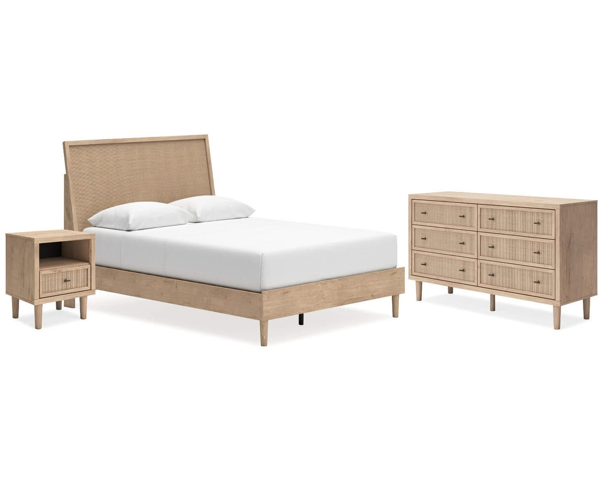 Cama Queen con paneles, cómoda y mesita de noche Cielden