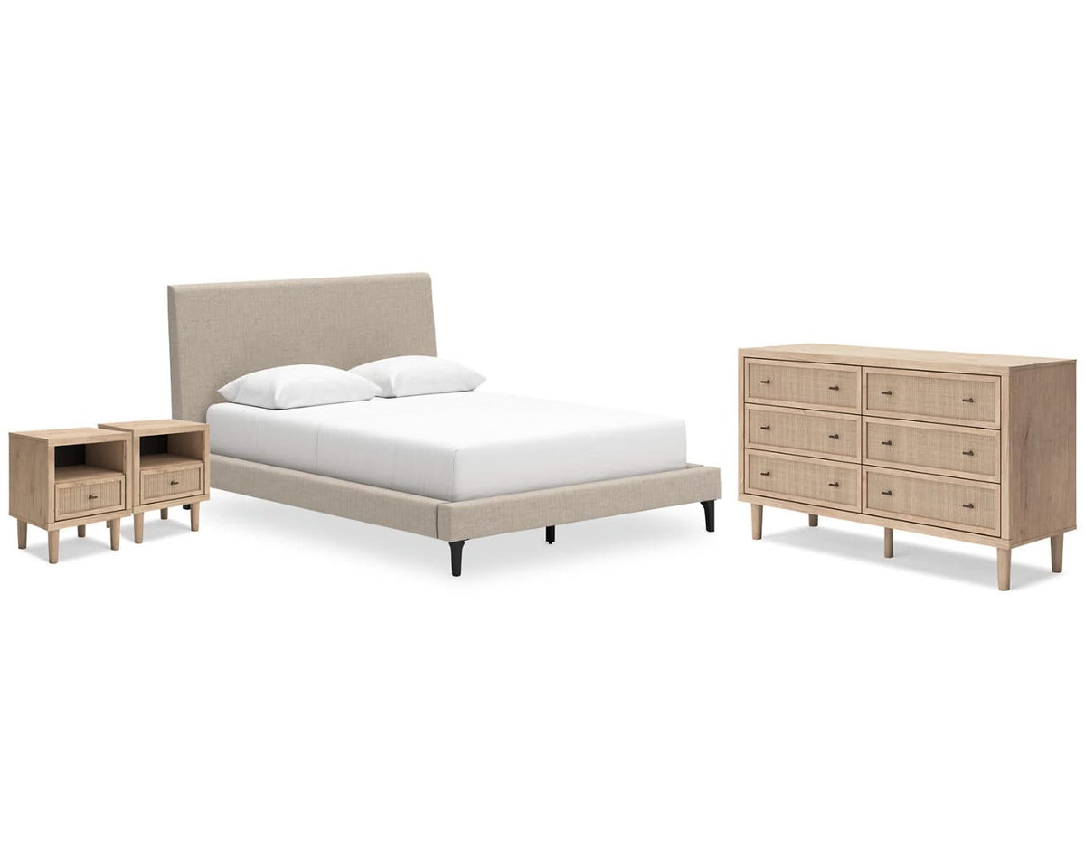 Cama tapizada Cielden Queen, cómoda y dos mesitas de noche