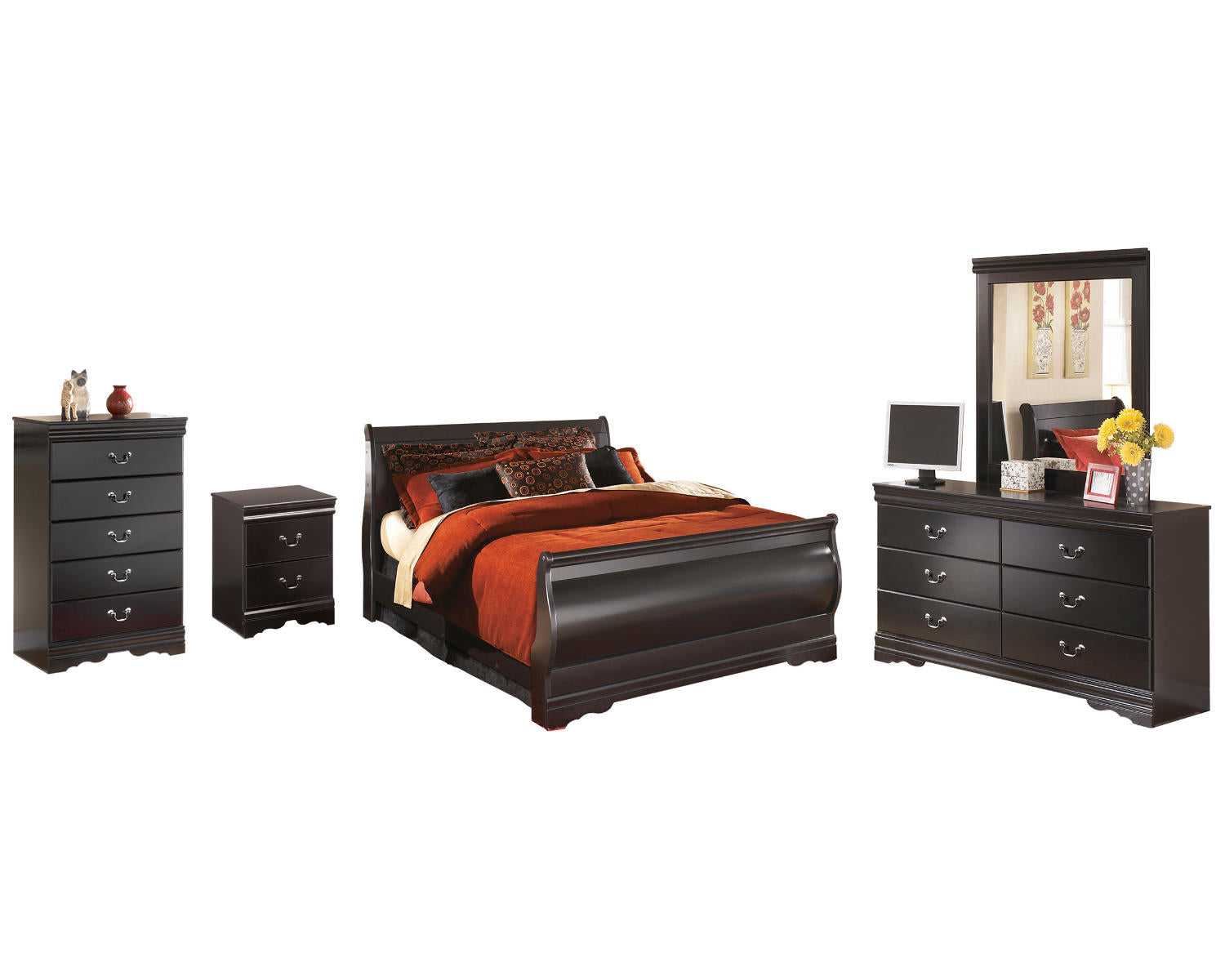 Huey Vineyard Queen Sleigh Bed with Dresser, Mirror, Chest and Nightstand