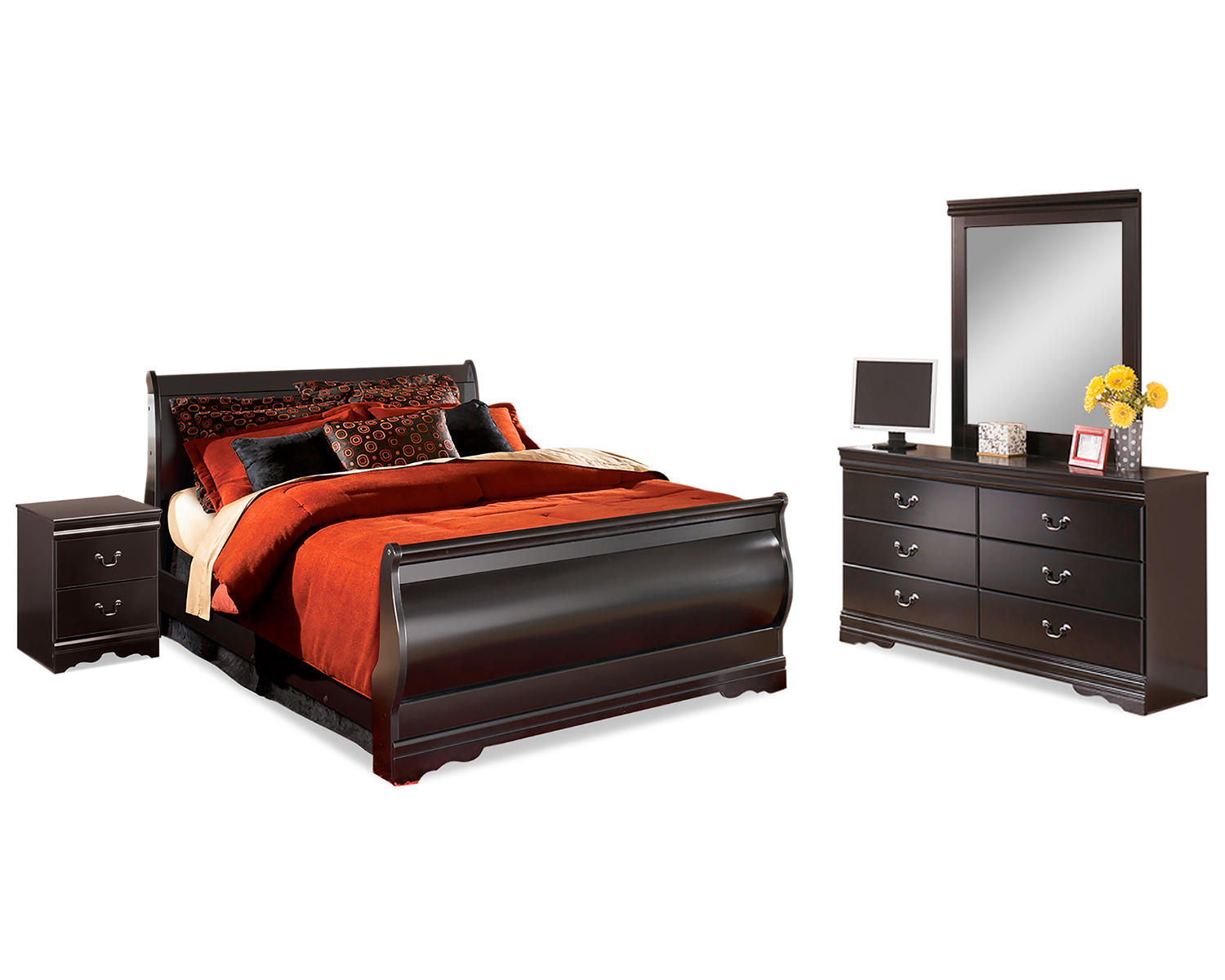 Huey Vineyard Queen Bed with Mirrored Dresser and Nightstand
