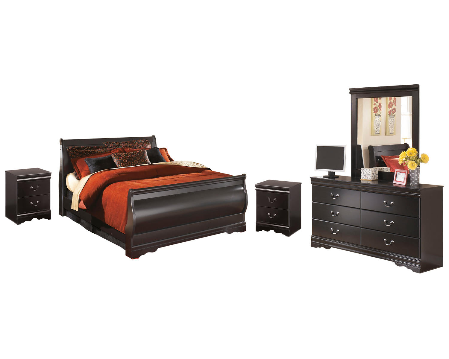 Huey Vineyard Queen Sleigh Bed with Mirrored Dresser and 2 Nightstands