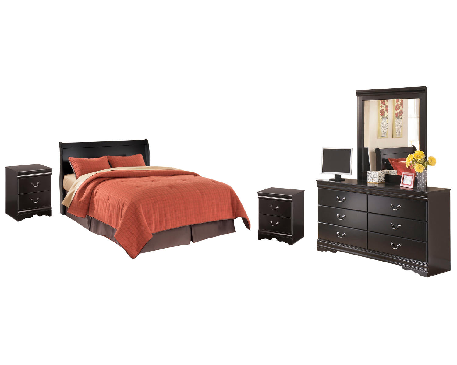 Huey Vineyard Queen Sleigh Headboard with Dresser, Mirror and 2 Nightstands