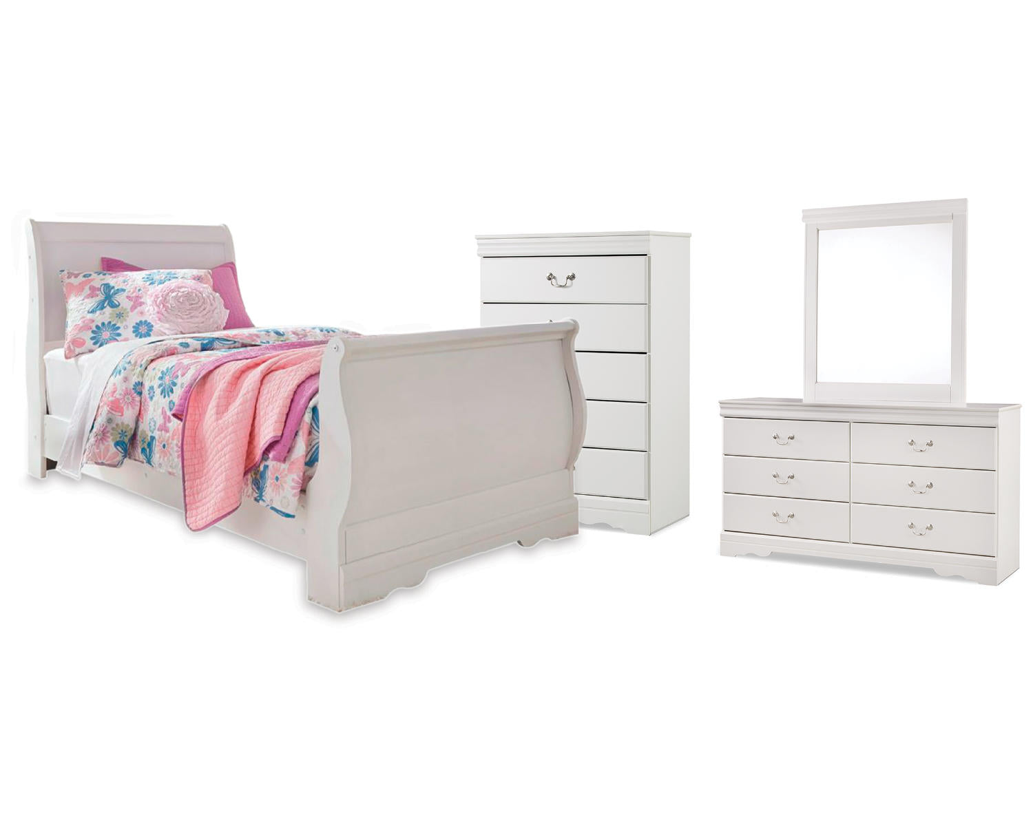 Anarasia Twin Sleigh Bed, Dresser, Mirror and Chest