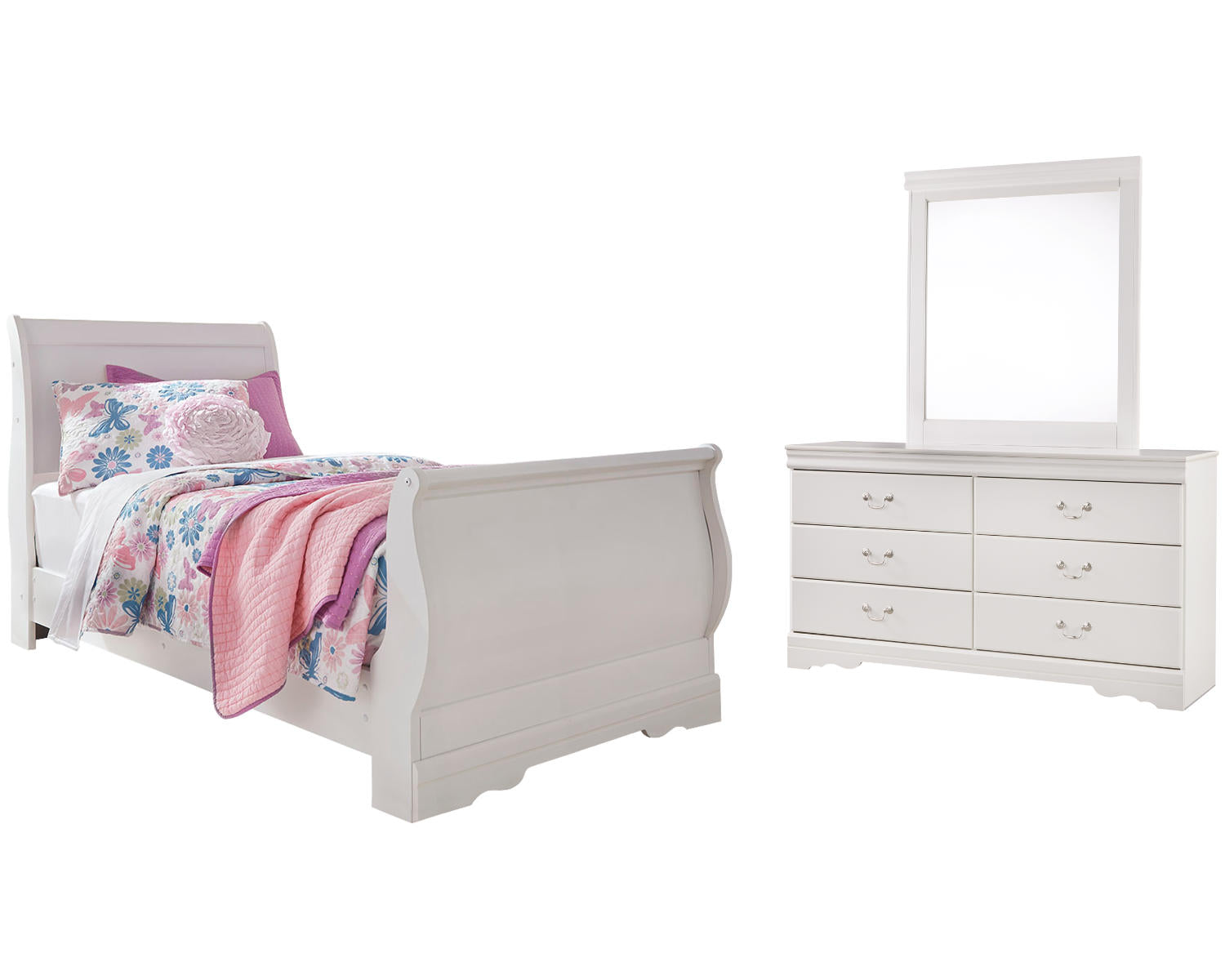 Anarasia Twin Sleigh Bed, Dresser and Mirror