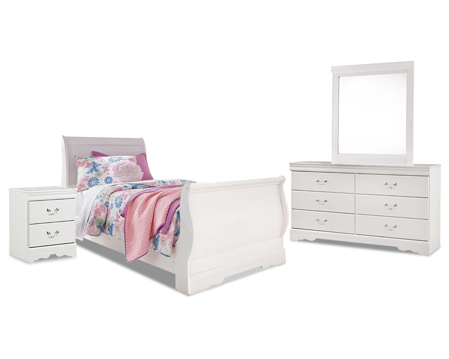 Anarasia Twin Sleigh Bed, Dresser, Mirror and Nightstand