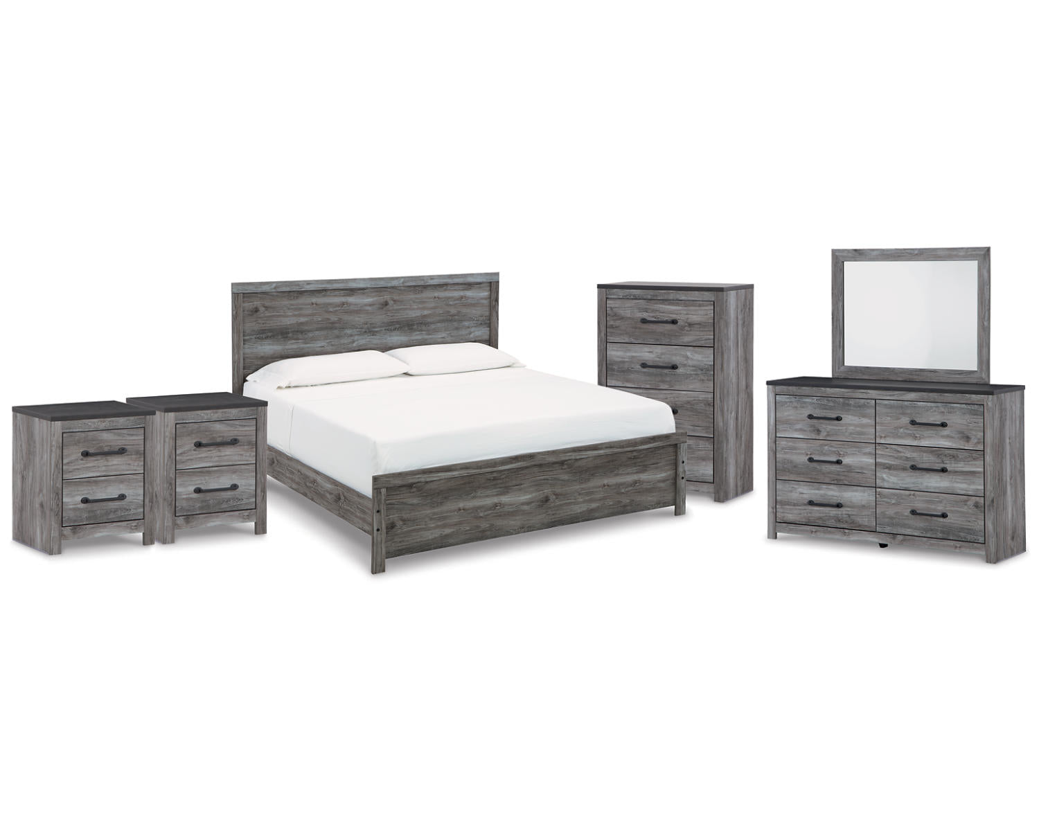Bronyan King Panel Bed, Dresser, Mirror, Chest and 2 Nightstands
