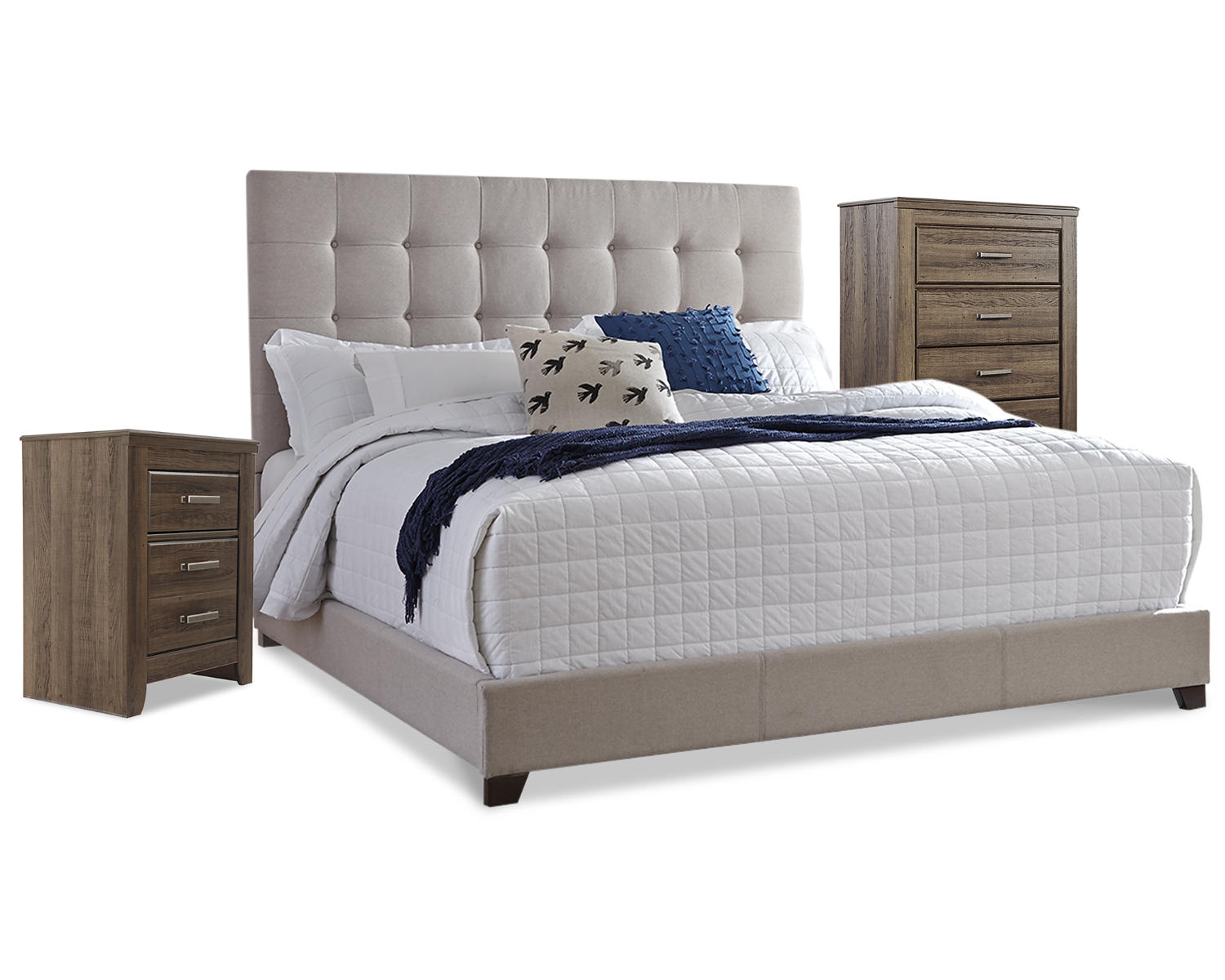 Dolante Queen Upholstered Bed with Chest of Drawers and Nightstand