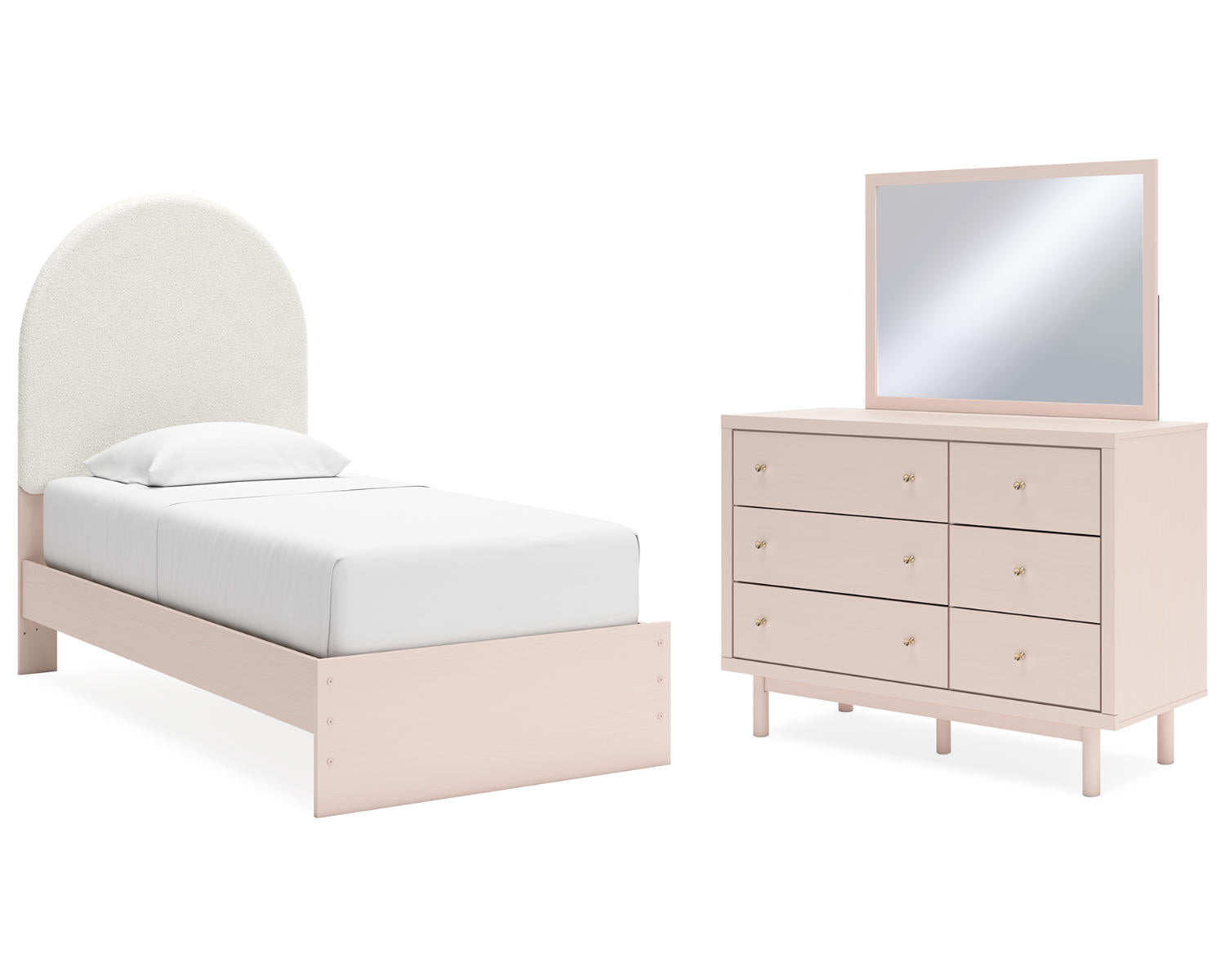 Wistenpine Twin Upholstered Panel Bed, Dresser and Mirror