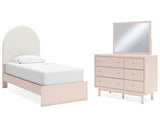 Cama individual tapizada con paneles, tocador y espejo Wistenpine