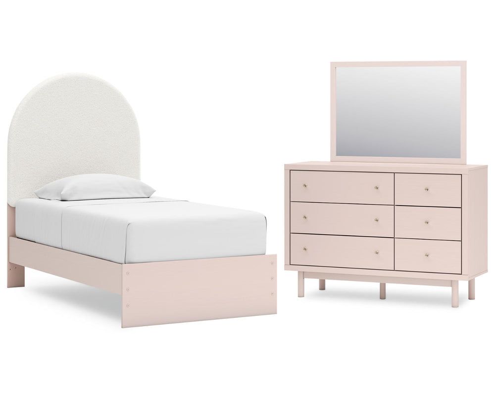 Cama individual tapizada con paneles, tocador y espejo Wistenpine