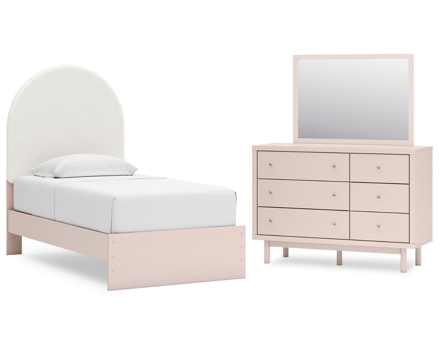 Wistenpine Twin Upholstered Panel Bed, Dresser and Mirror