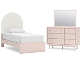 Cama individual tapizada con paneles, tocador y espejo Wistenpine