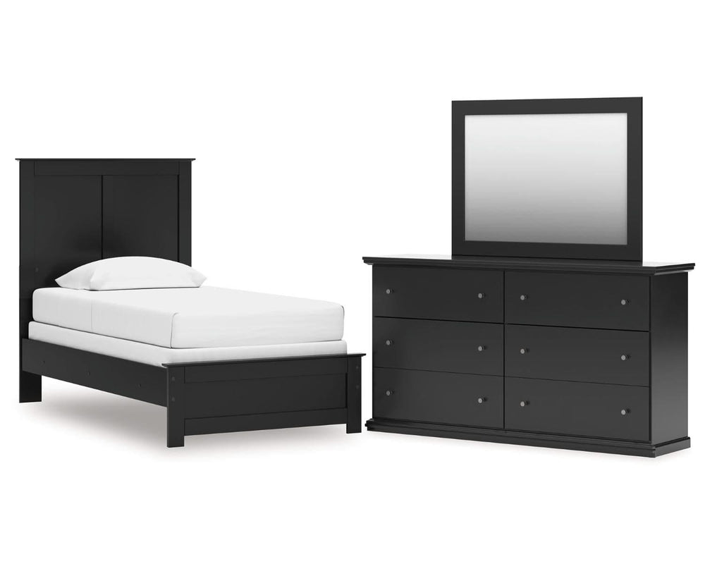 Cama doble con paneles, cómoda y espejo Maribel