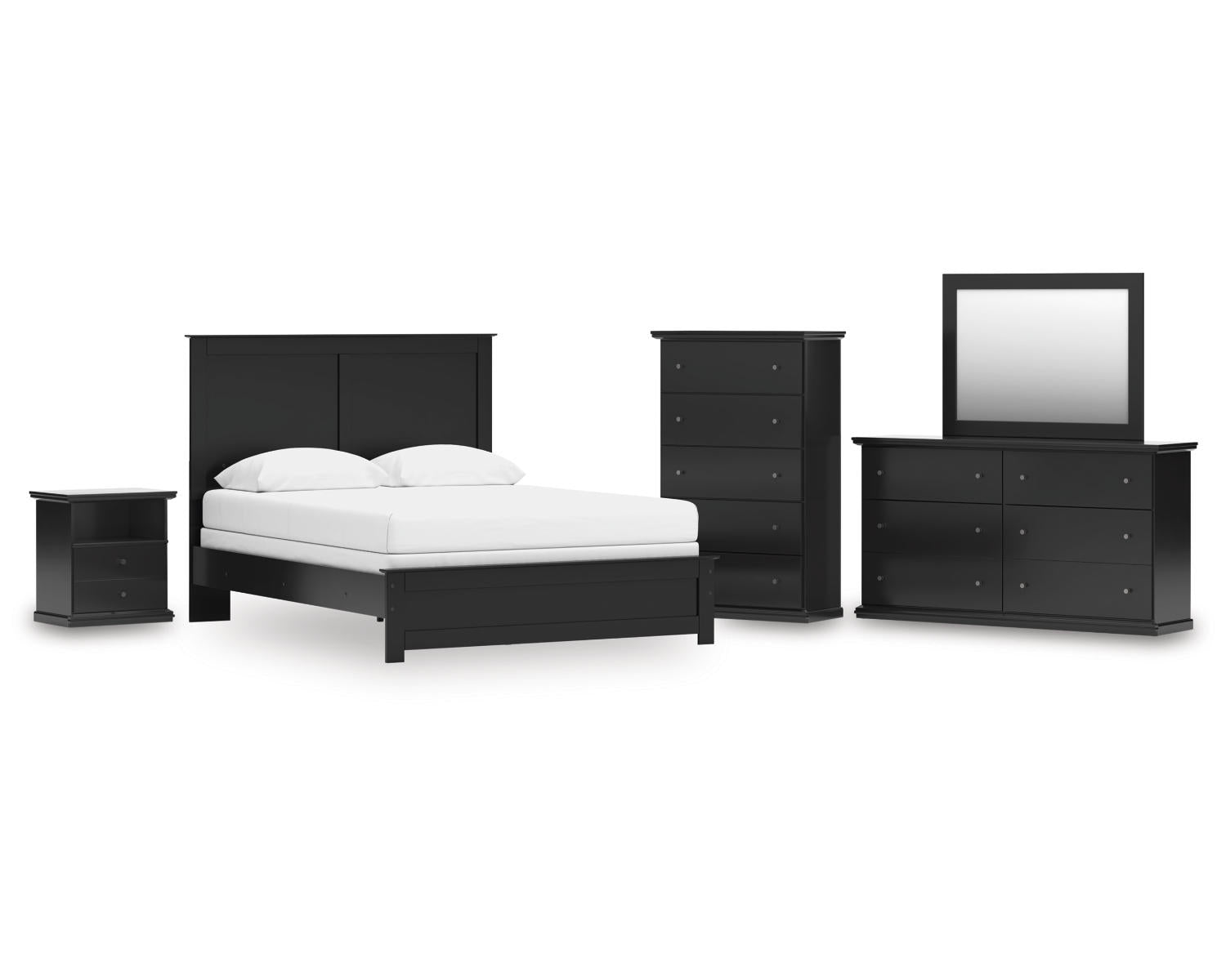 Maribel Queen Panel Bed, Dresser, Mirror, Chest and Nightstand