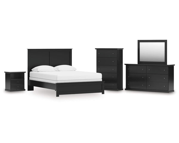 Cama Queen Maribel con paneles, tocador, espejo, cómoda y mesita de noche