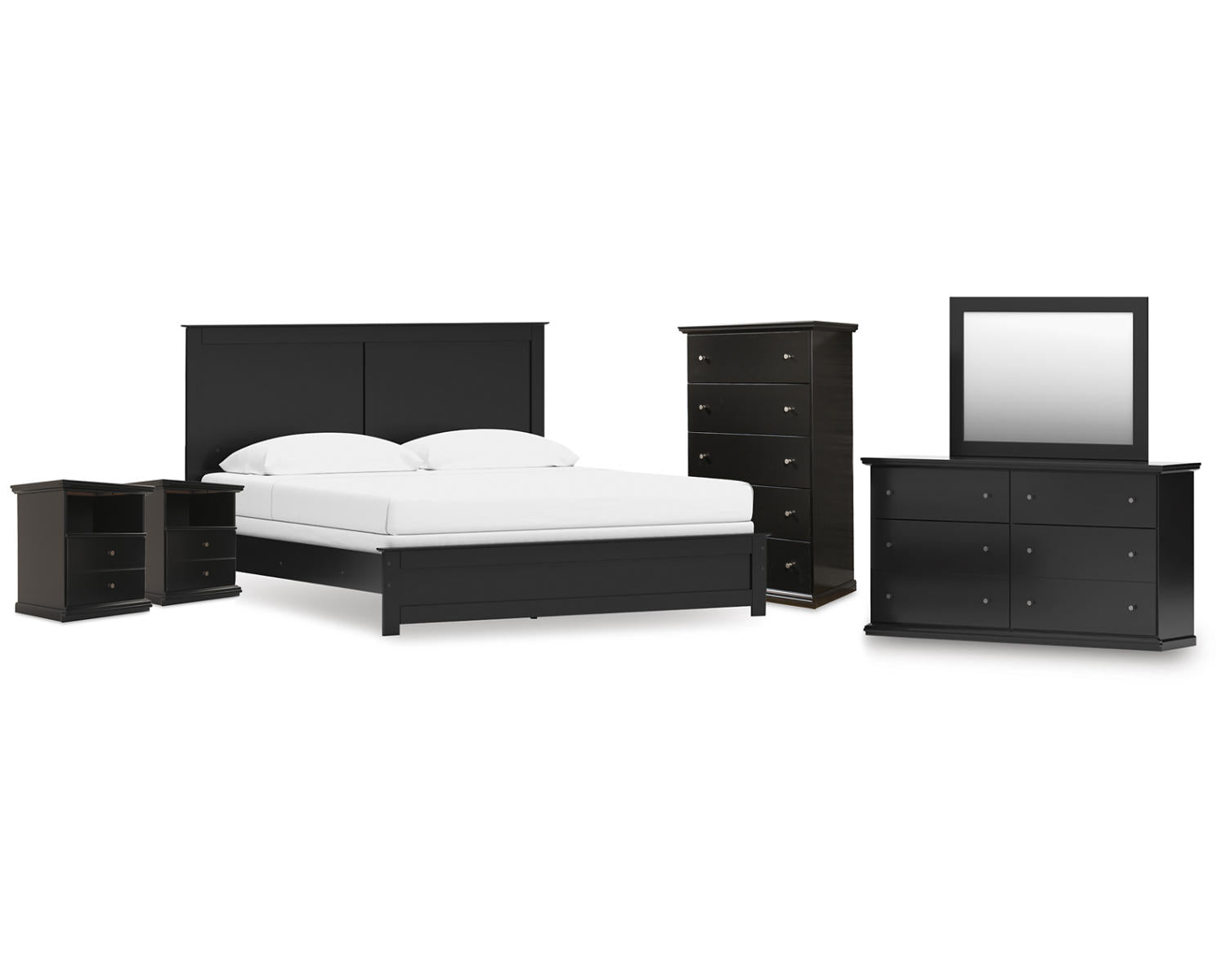 Maribel King Panel Bed, Dresser, Mirror, Chest, and 2 Nightstands