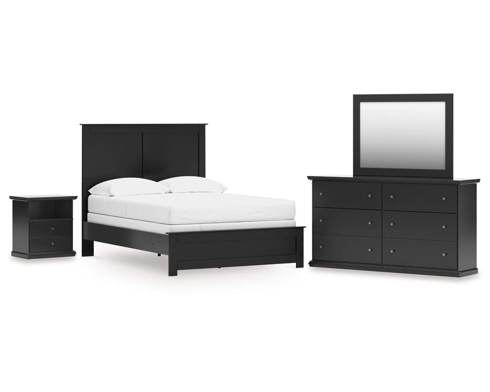 Cama Maribel con paneles completos, cómoda, espejo y mesita de noche