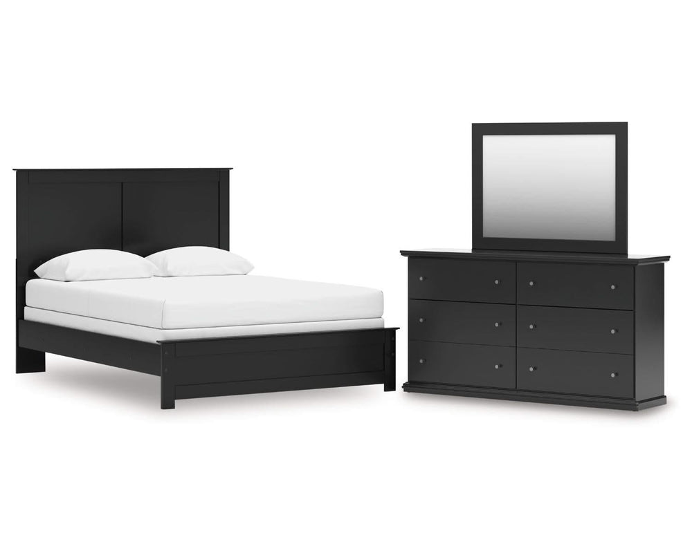 Cama Maribel Queen con paneles, cómoda y espejo