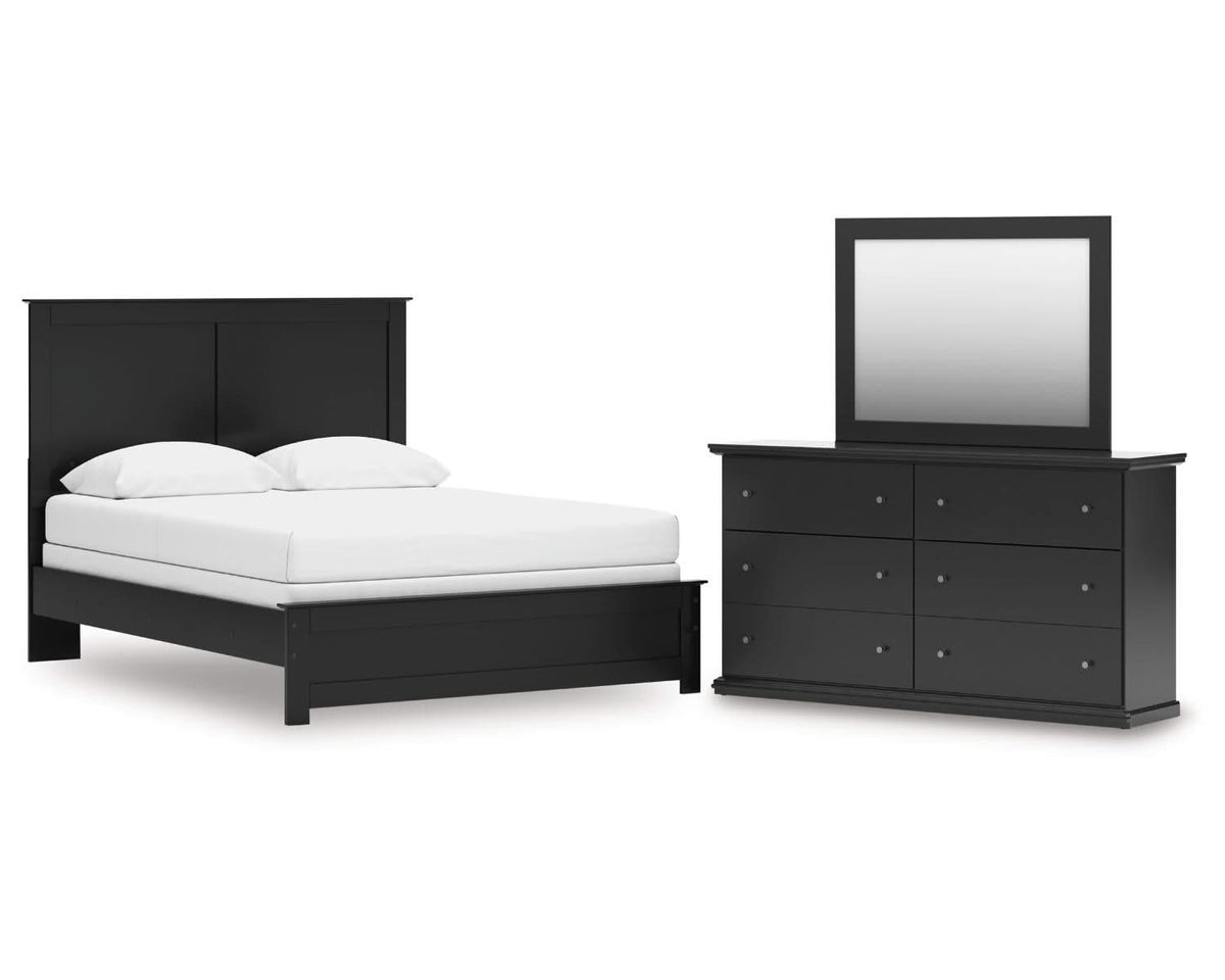 Cama Maribel Queen con paneles, cómoda y espejo