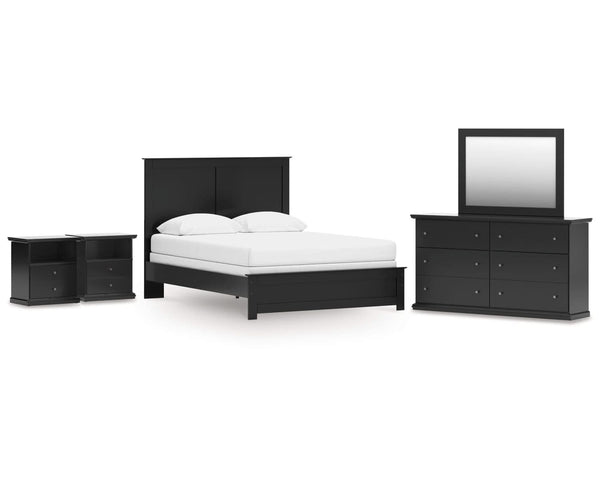 Cama Maribel Queen con paneles, tocador, espejo y dos mesitas de noche