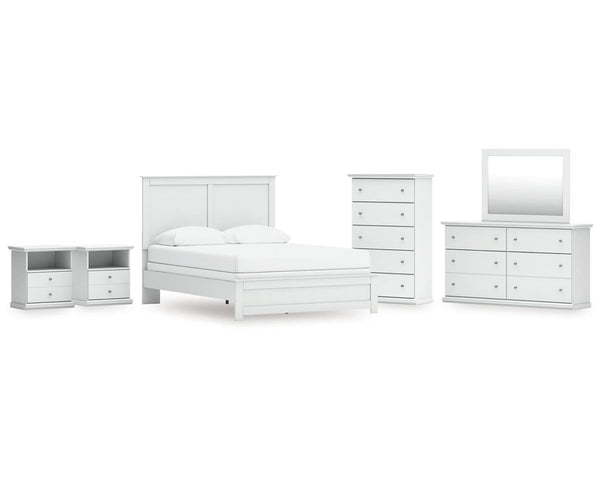 Cama Queen con paneles Bostwick Shoals, tocador con espejo, cómoda y dos mesitas de noche