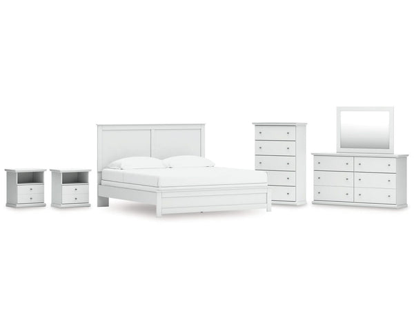 Cama King con paneles Bostwick Shoals, tocador, espejo, cómoda y dos mesitas de noche