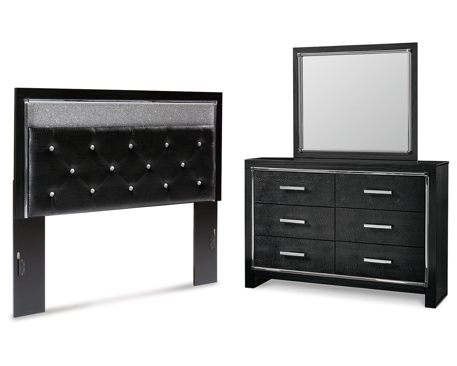 Kaydell Queen Upholstered Panel Headboard, Dresser and Mirror