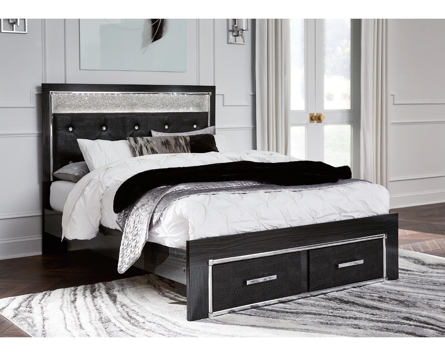 Kaydell Queen Upholstered Storage Bed, Dresser, Mirror and Nightstand